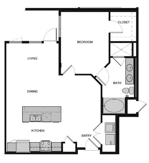 Floor plan for 1 bed, 1 bath, 898 sqft